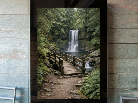 Quiet Crossing – Forest Bridge & Waterfall Fine Art Wall Art, Calm Nature Landscape