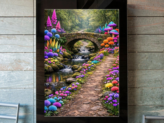 Enchanted Forest Path – Whimsical Fantasy Wall Art, Colorful Garden Bridge Fine Art