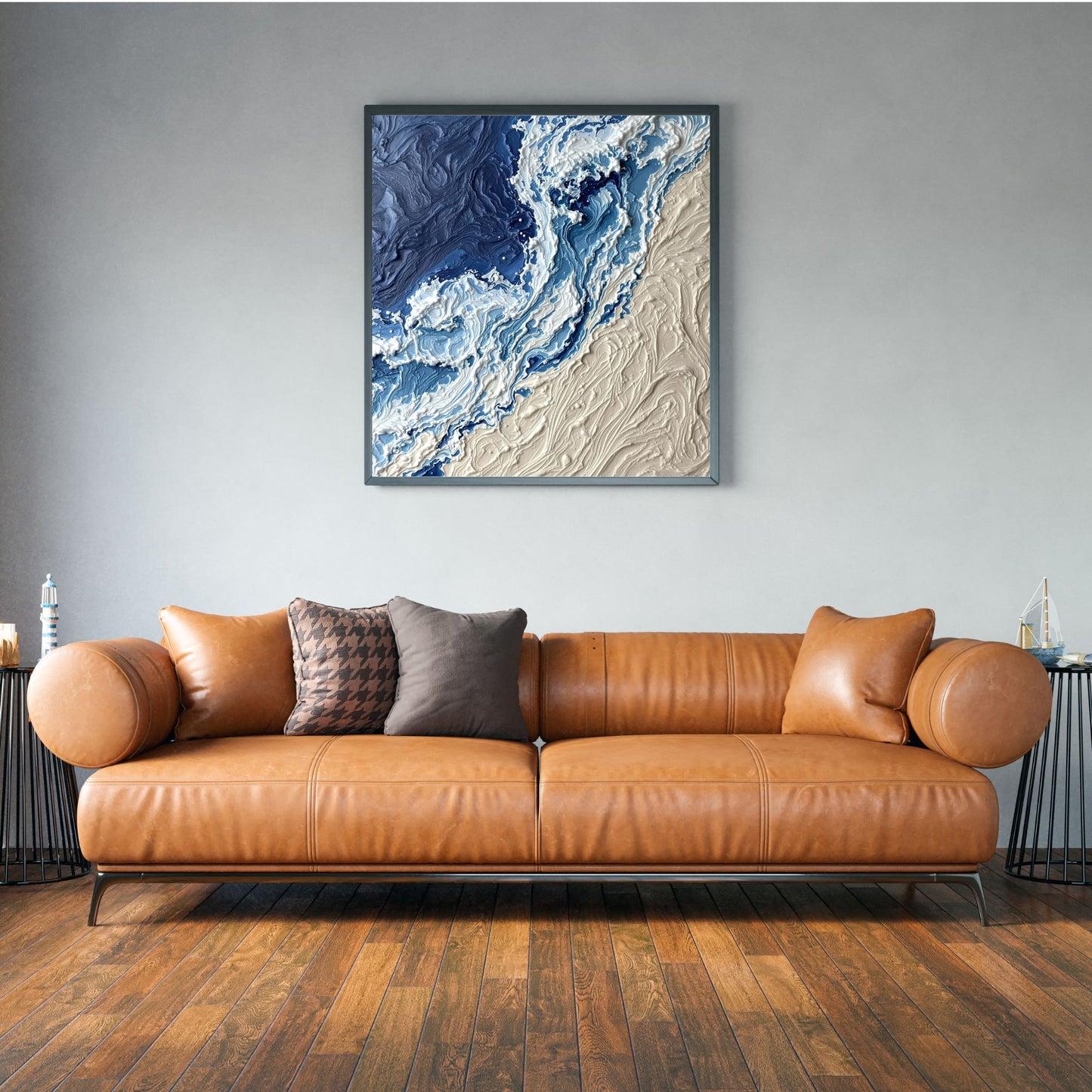 Luxury Navy & Sand Ocean Wave Canvas Wall Art – Modern Coastal Abstract Textured Wall Decor
