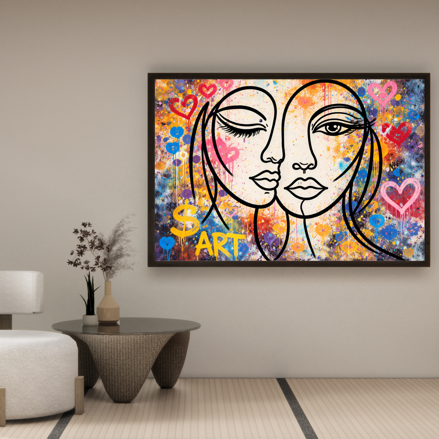 Colorful abstract art piece with two faces and hearts on a wall in a modern living room.