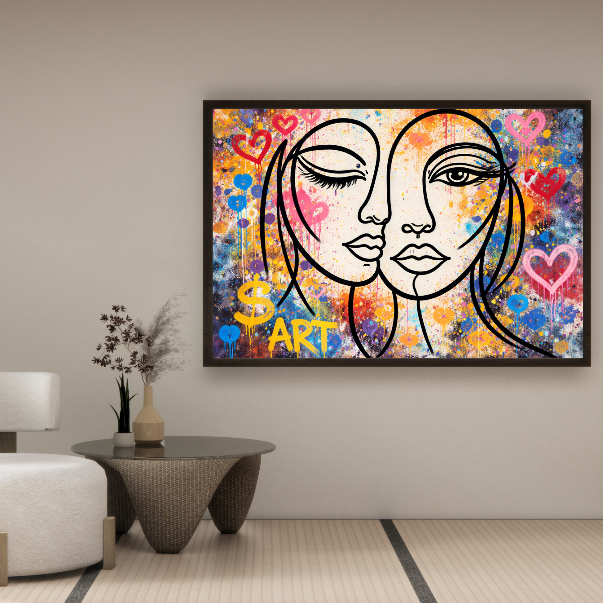 Colorful abstract art piece with two faces and hearts on a wall in a modern living room.