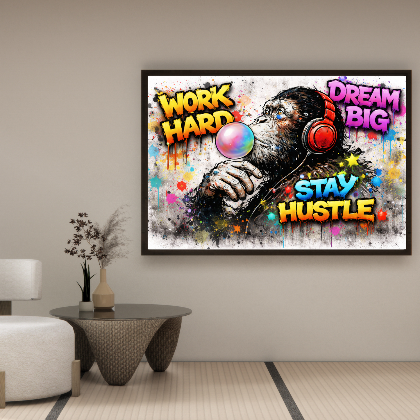Colorful framed artwork with a monkey wearing headphones and motivational text in a modern living room.