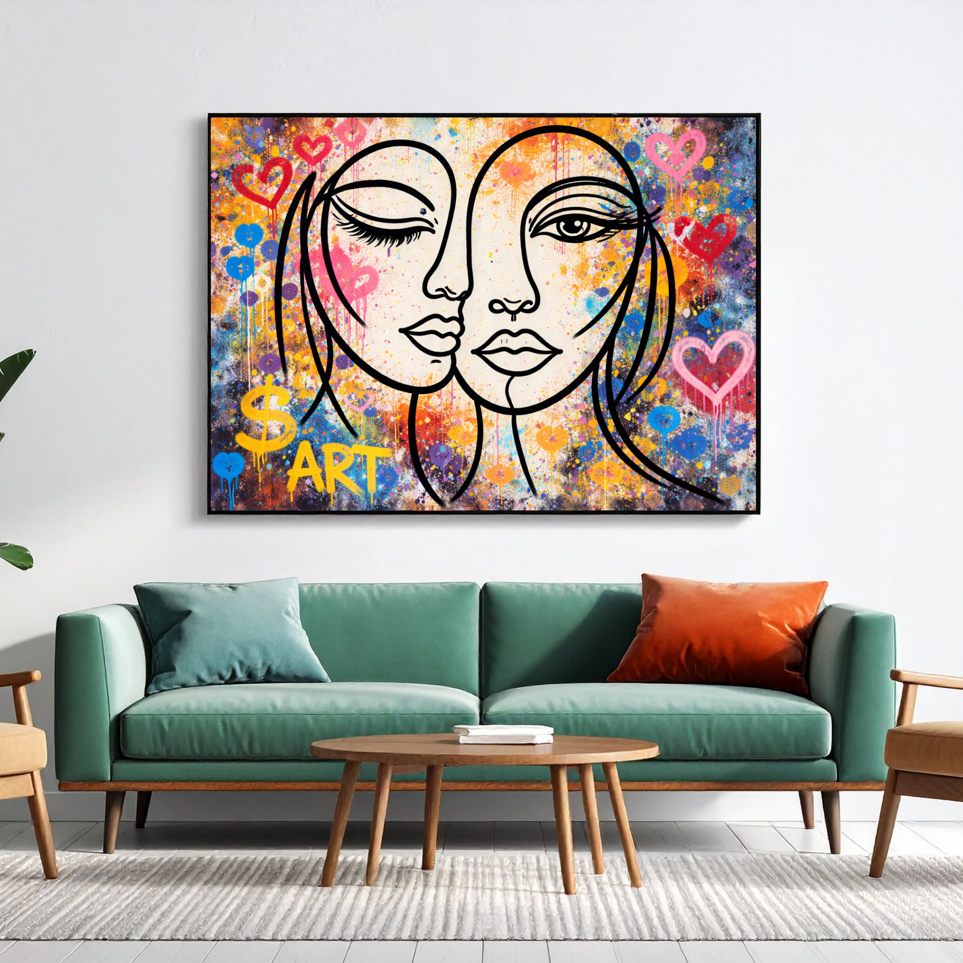 Colorful abstract wall art piece with two faces on a wall above a green sofa.