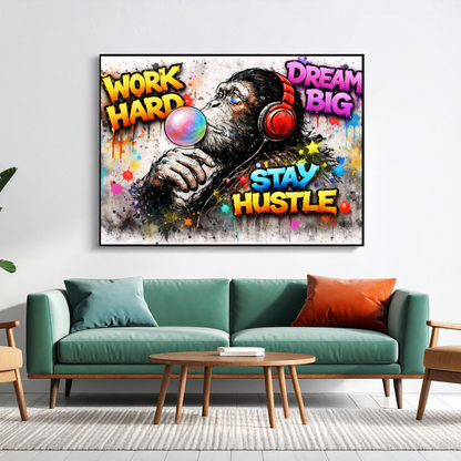 Colorful motivational poster with a monkey wearing headphones above a living room.