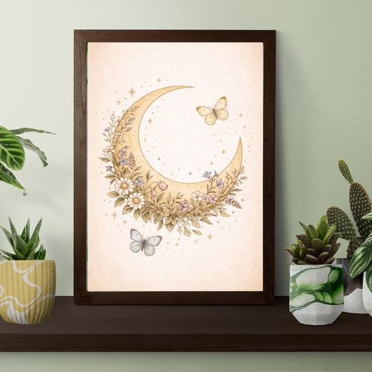 Floral Moon Fine Art Poster – Vintage Botanical Celestial Wall Art