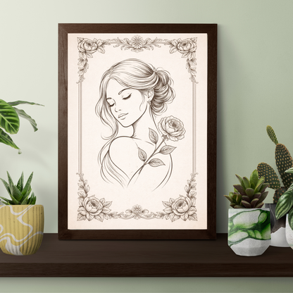 Vintage Floral Woman Line Art – Elegant  Wall Art