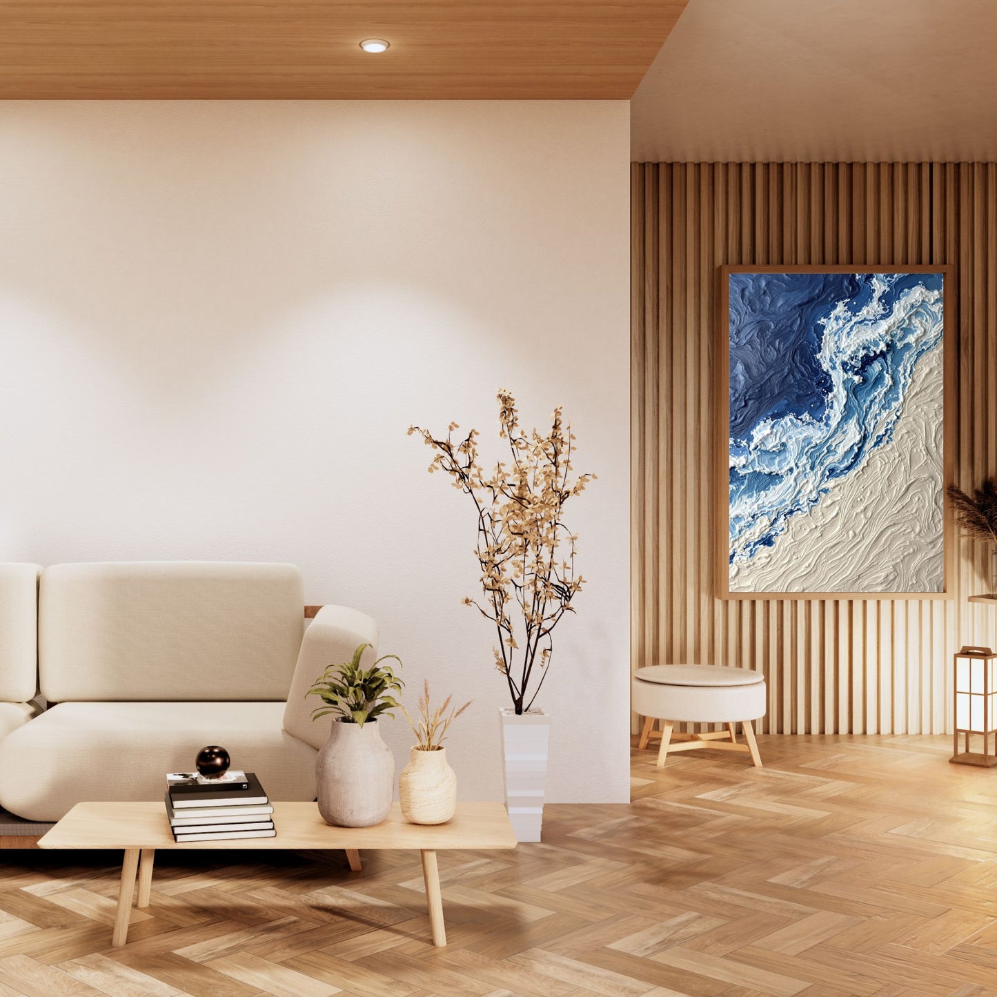 Luxury Navy & Sand Ocean Wave Canvas Wall Art – Modern Coastal Abstract Textured Wall Decor