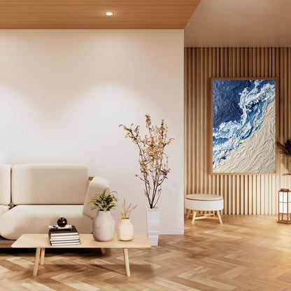 Luxury Navy & Sand Ocean Wave Canvas Wall Art – Modern Coastal Abstract Textured Wall Decor