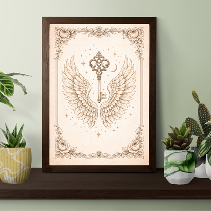 Celestial Key Fine Art Poster – Vintage Angel Wings & Symbolic Wall Art