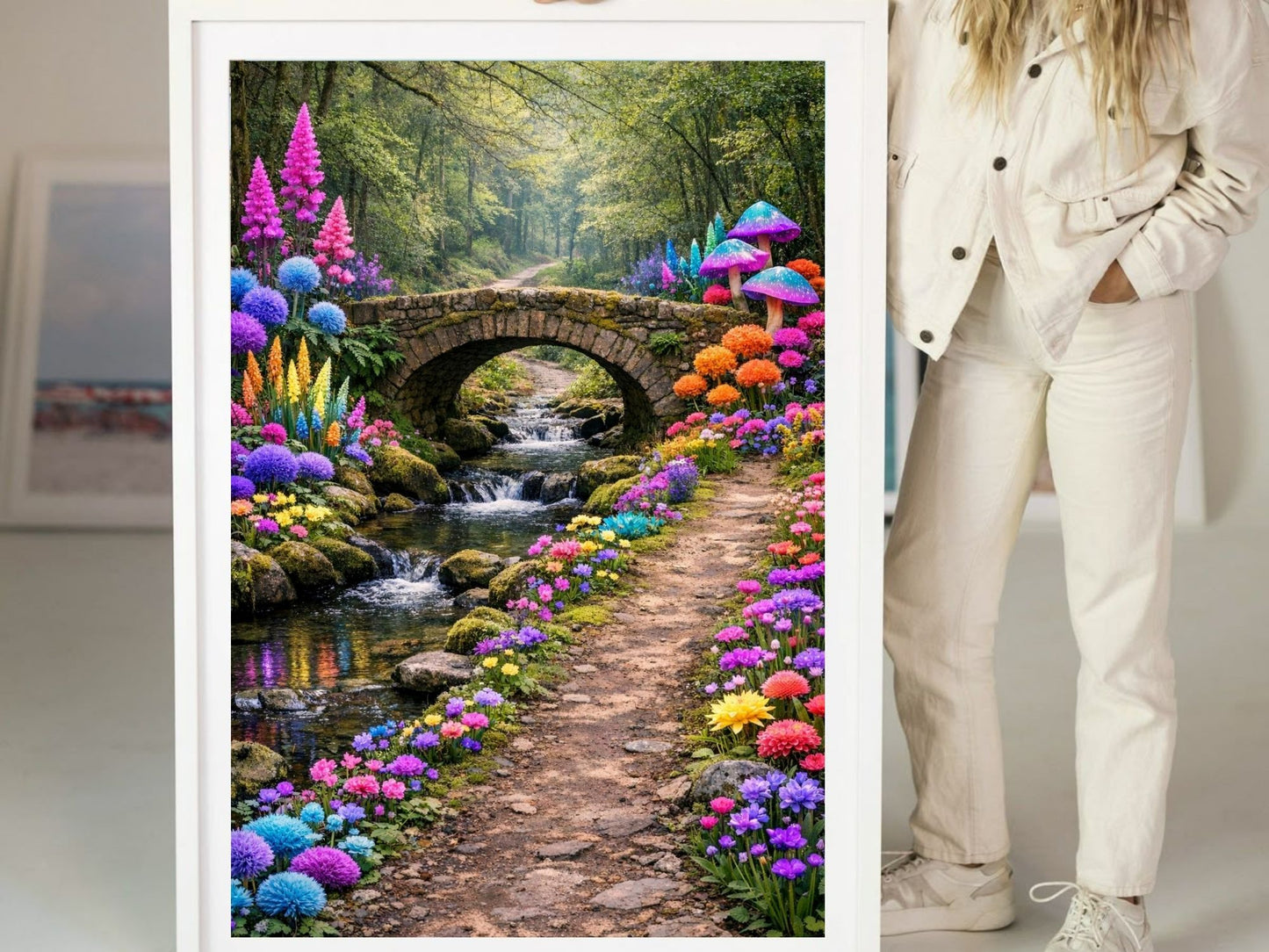 Enchanted Forest Path – Whimsical Fantasy Wall Art, Colorful Garden Bridge Fine Art