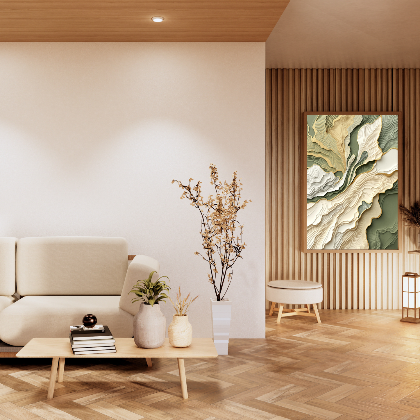 Sage & Gold Horizon – Layered Abstract Canvas Wall Art for Modern Interiors