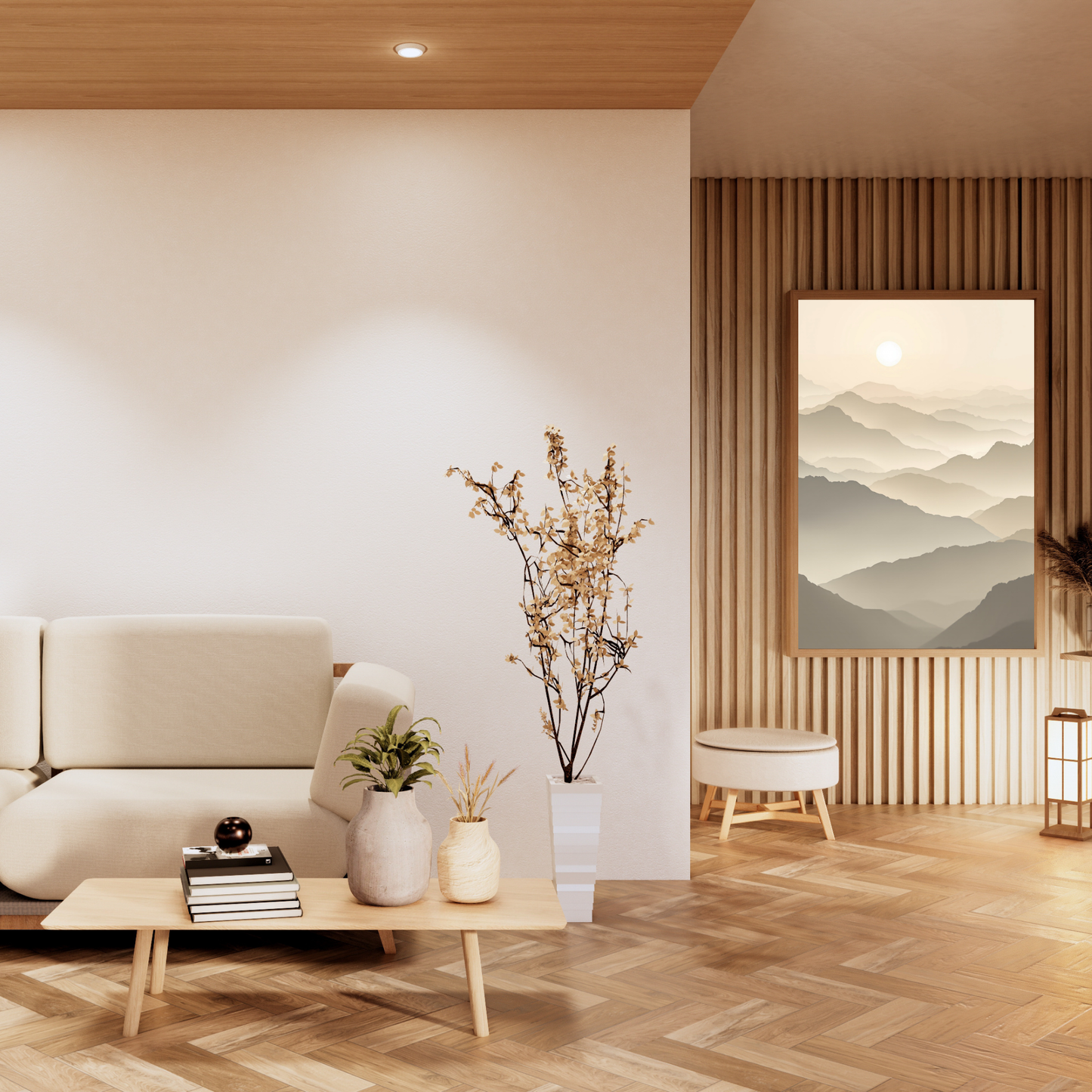 Modern living room with a beige sofa, wooden coffee table, and decorative elements.