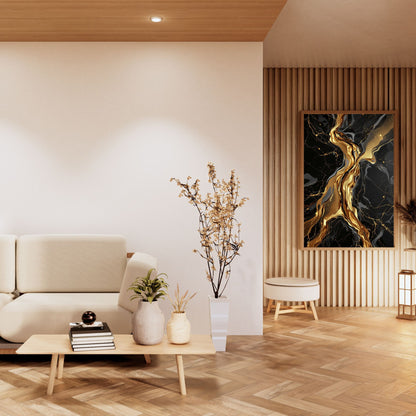Liquid Gold Vein – Luxury Black & Gold Abstract Canvas Wall Art