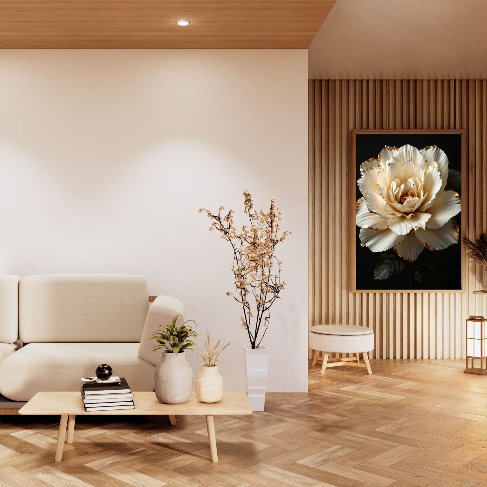 Modern living room with a white sofa, coffee table, and decorative plant. A large framed flower print is on the wall.
