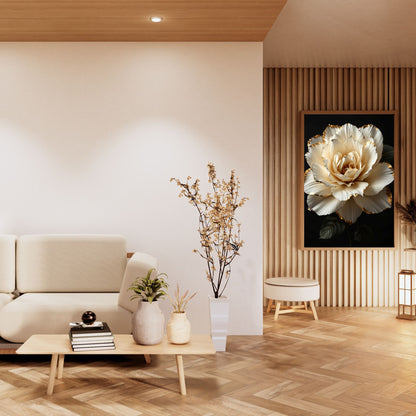 Modern living room with a white sofa, coffee table, and decorative plant. A large framed flower print is on the wall.