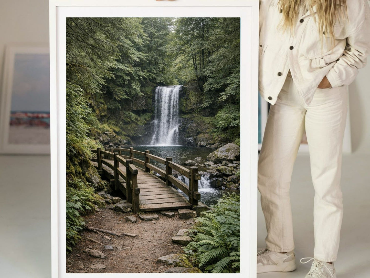 Quiet Crossing – Forest Bridge & Waterfall Fine Art Wall Art, Calm Nature Landscape