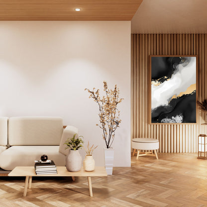 Black & White Gold Abstract Canvas Wall Art – Luxury Minimalist Statement