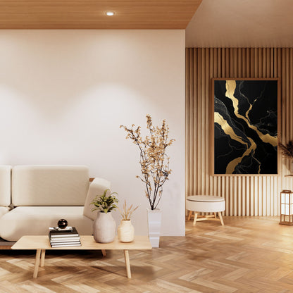 Golden Vein Noir – Luxury Black & Gold Abstract Canvas