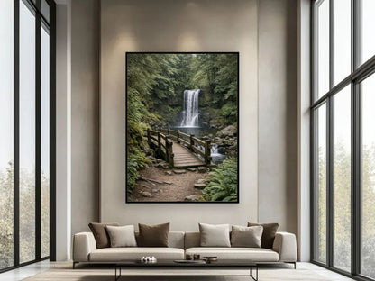 Quiet Crossing – Forest Bridge & Waterfall Fine Art Wall Art, Calm Nature Landscape
