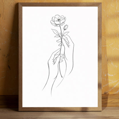 Minimalist Hands Holding Flower Line Art – Modern Fine Art Wall poster