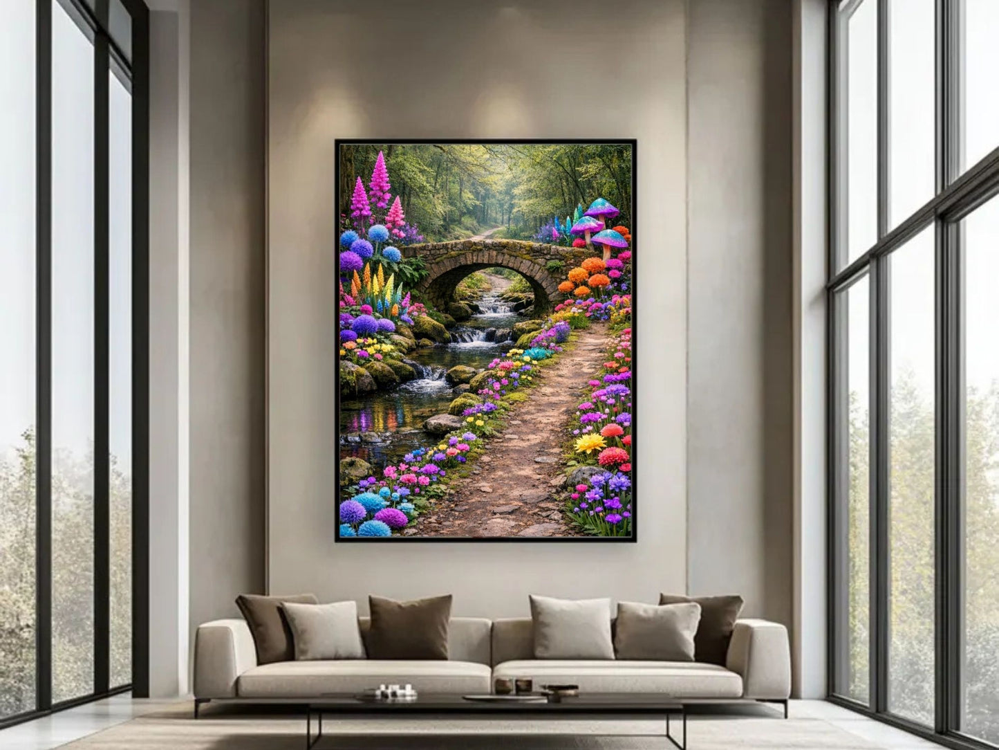Enchanted Forest Path – Whimsical Fantasy Wall Art, Colorful Garden Bridge Fine Art