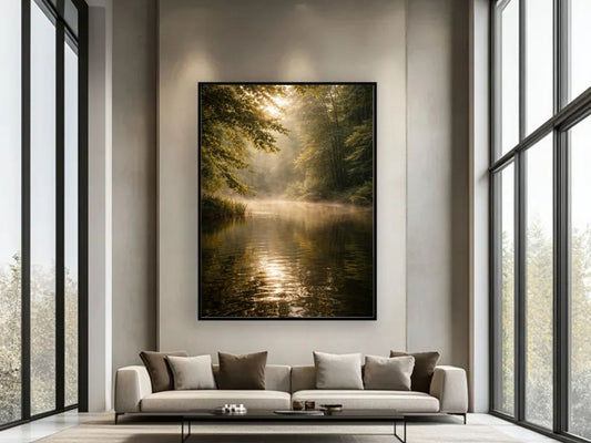 Golden Forest River  – Serene Minimalist Nature Wall Art