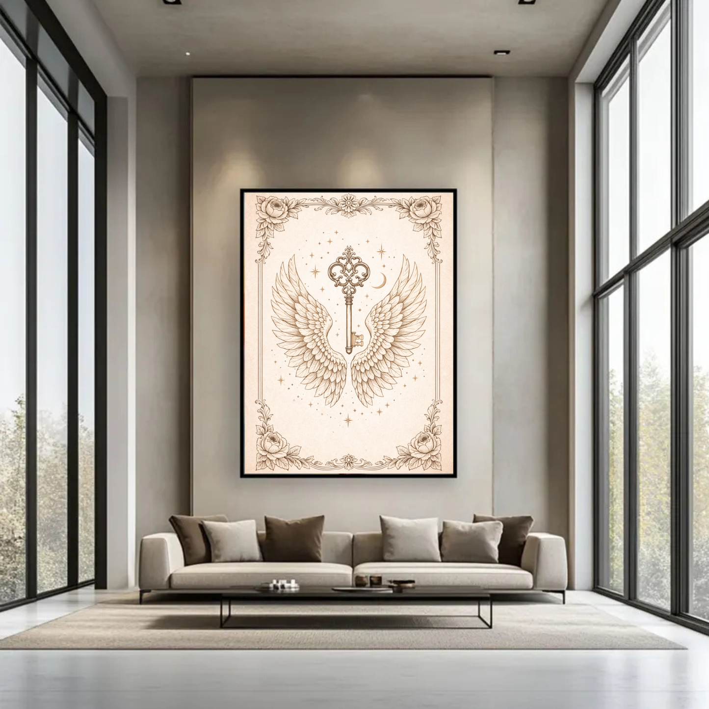 Celestial Key Fine Art Poster – Vintage Angel Wings & Symbolic Wall Art