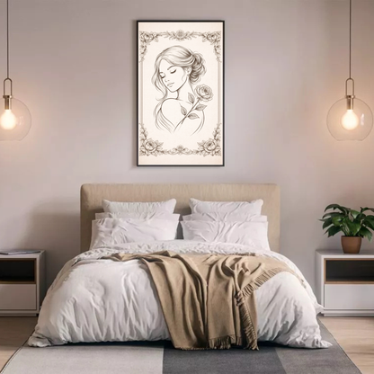 Vintage Floral Woman Line Art – Elegant  Wall Art