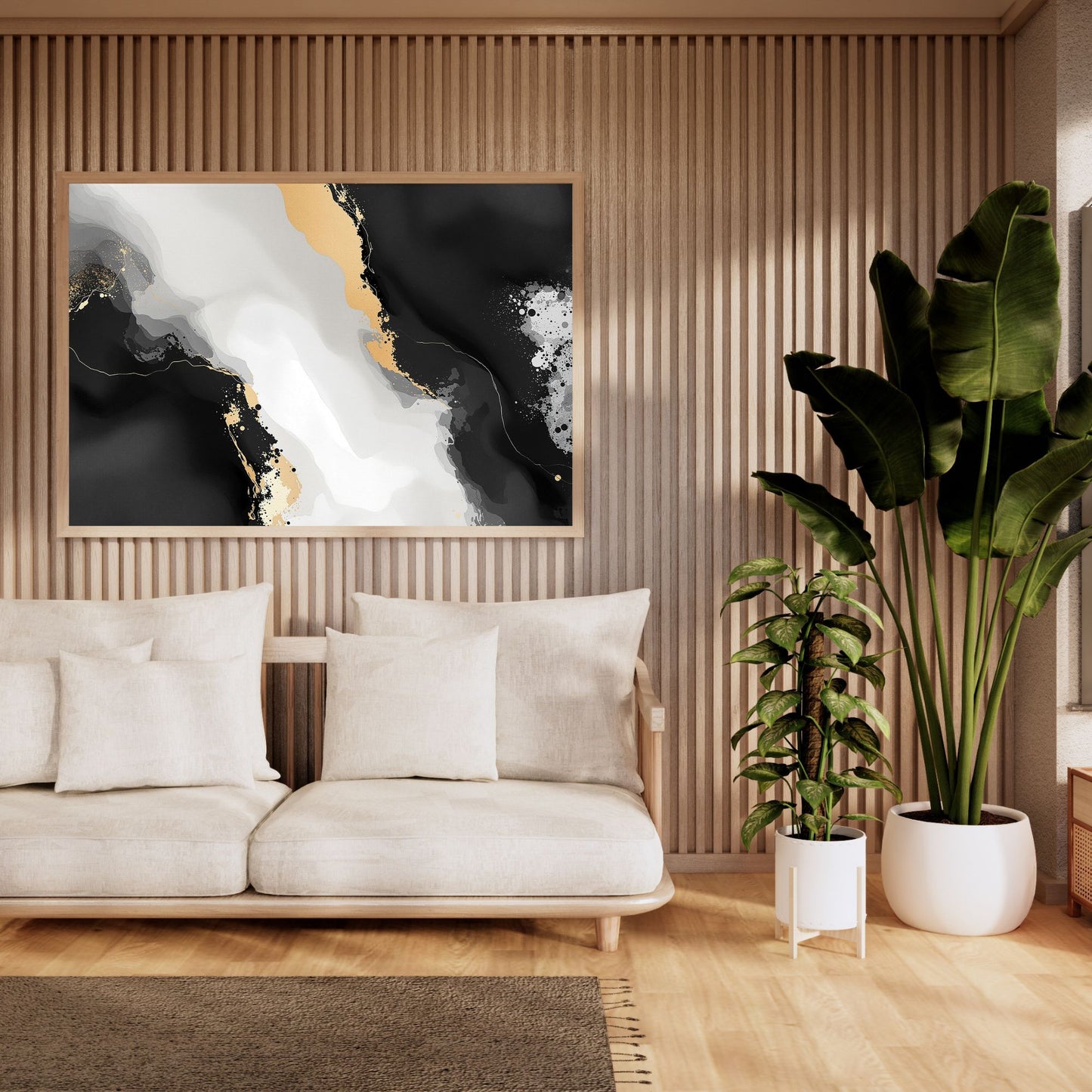 Black & White Gold Abstract Canvas Wall Art – Luxury Minimalist Statement