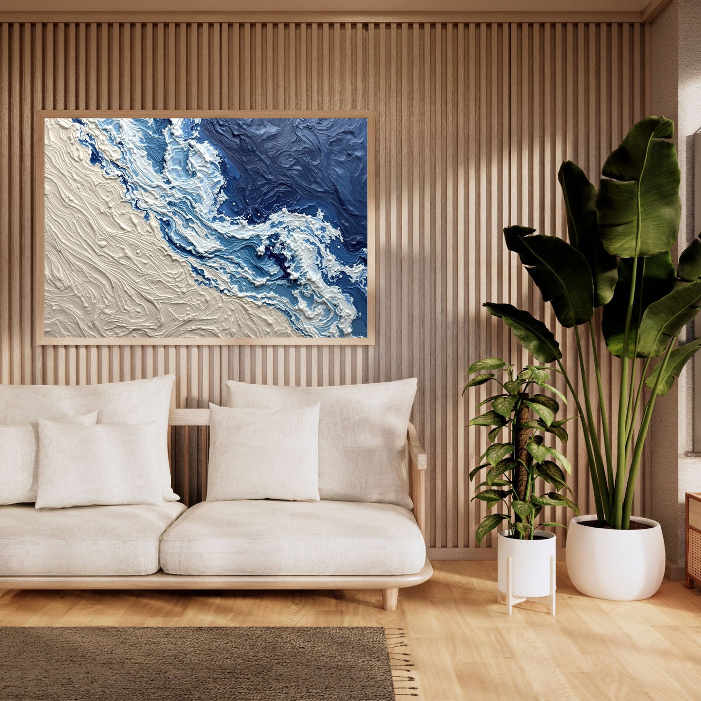 Luxury Navy & Sand Ocean Wave Canvas Wall Art – Modern Coastal Abstract Textured Wall Decor
