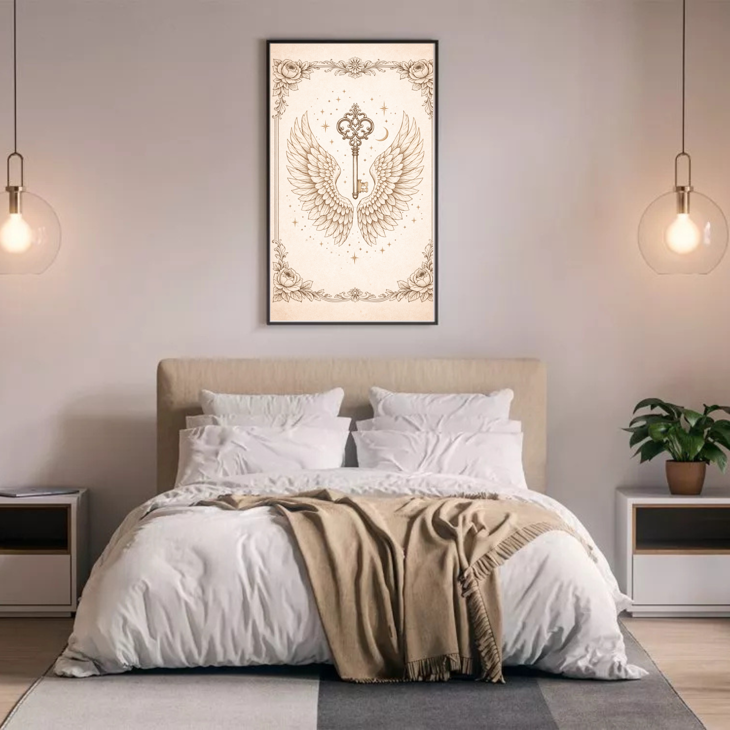 Celestial Key Fine Art Poster – Vintage Angel Wings & Symbolic Wall Art