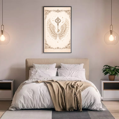 Celestial Key Fine Art Poster – Vintage Angel Wings & Symbolic Wall Art