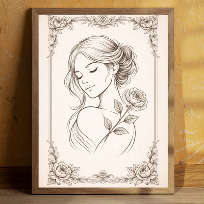 Vintage Floral Woman Line Art – Elegant  Wall Art