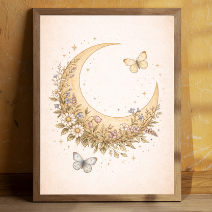 Floral Moon Fine Art Poster – Vintage Botanical Celestial Wall Art