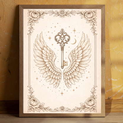 Celestial Key Fine Art Poster – Vintage Angel Wings & Symbolic Wall Art