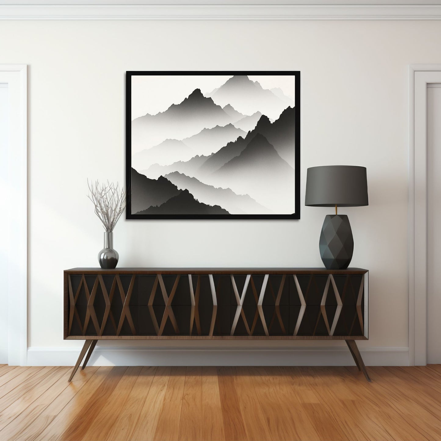 Misty Mountain Horizon Fine Art Poster – Japanese Sumi-E Style, Vivid Giclée Print