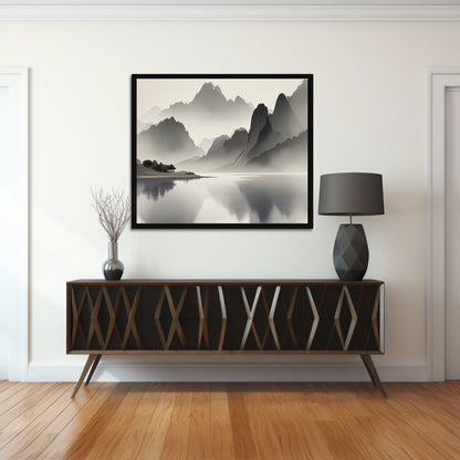 Golden Horizon – Japanese Mist Lake Fine Art Poster