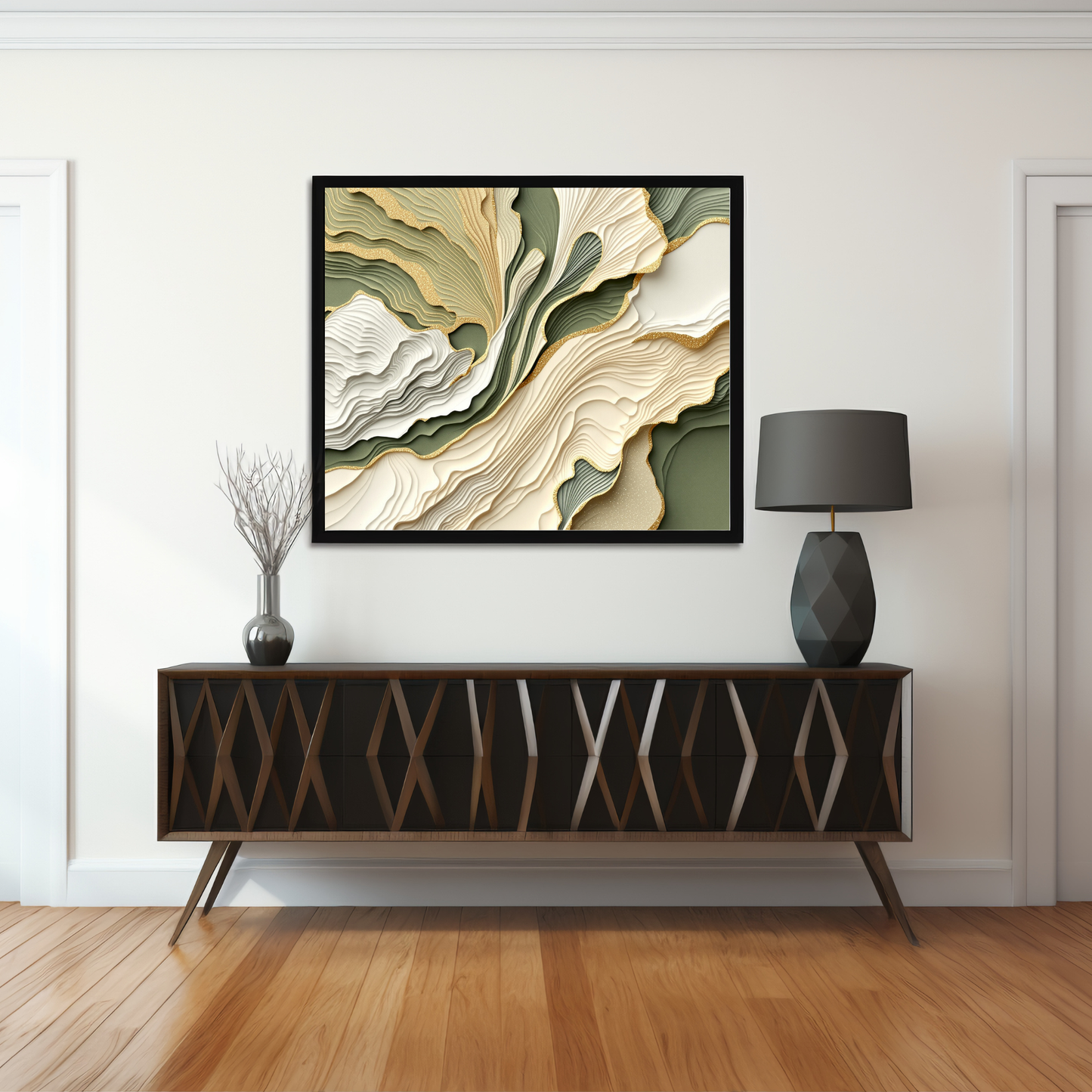 Sage & Gold Horizon – Layered Abstract Canvas Wall Art for Modern Interiors