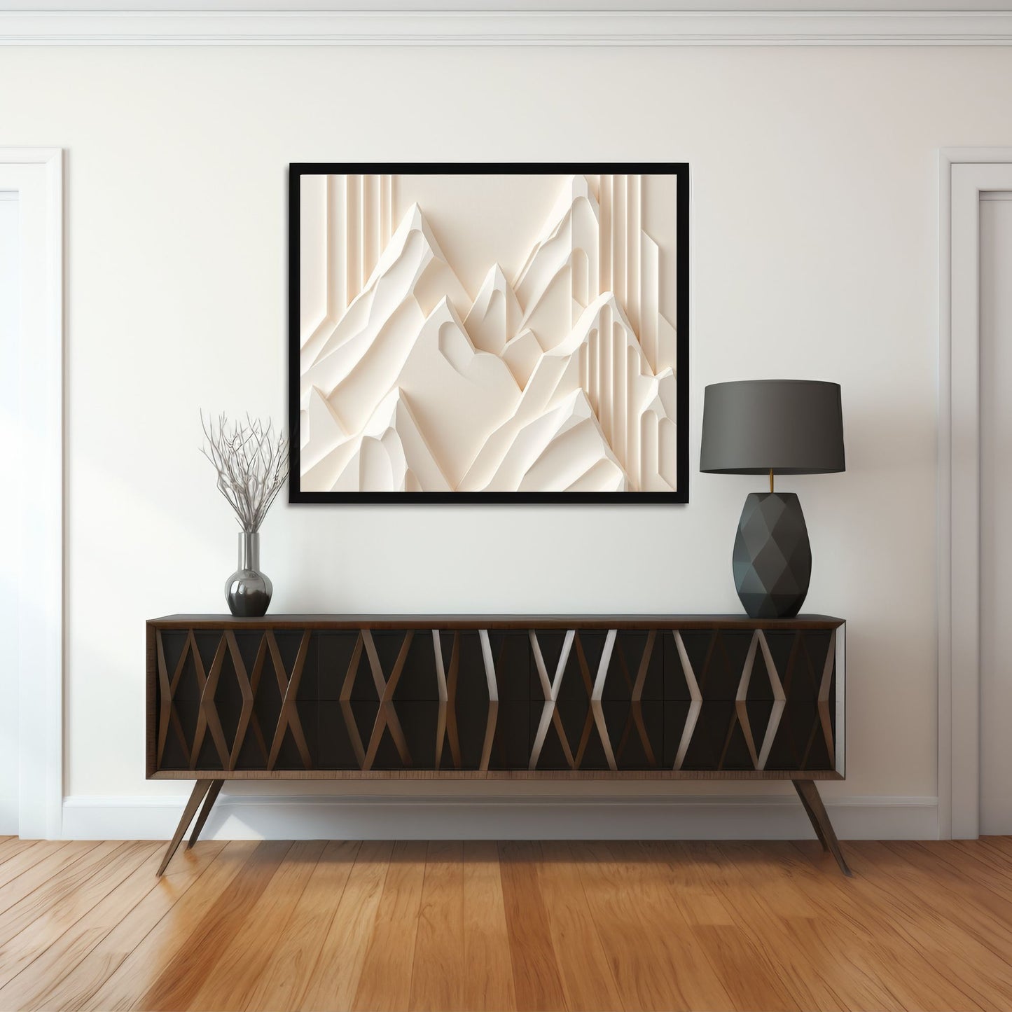 Ivory Geometric Peaks Canvas Wall Art – Minimal Sculpted Mountain Design in Soft Beige Tones