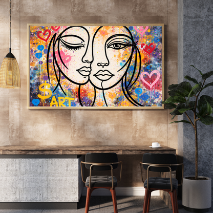 Colorful abstract painting of two faces with hearts on a wall above a dining table.