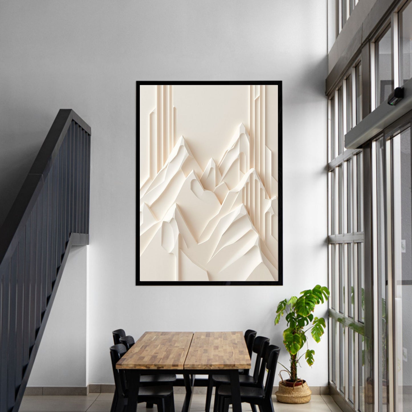 Ivory Geometric Peaks Canvas Wall Art – Minimal Sculpted Mountain Design in Soft Beige Tones