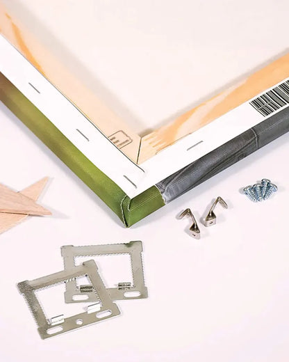 Close-up of a framed picture with hardware on a white background