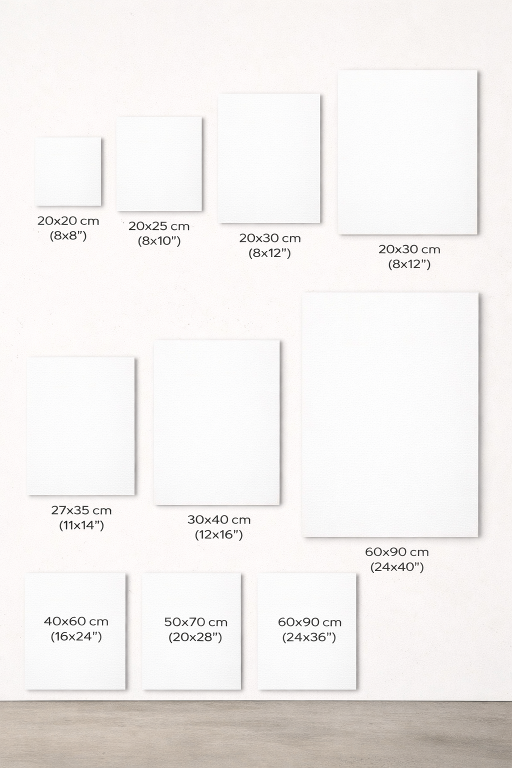 Set of white frames with dimensions labeled on a light gray background