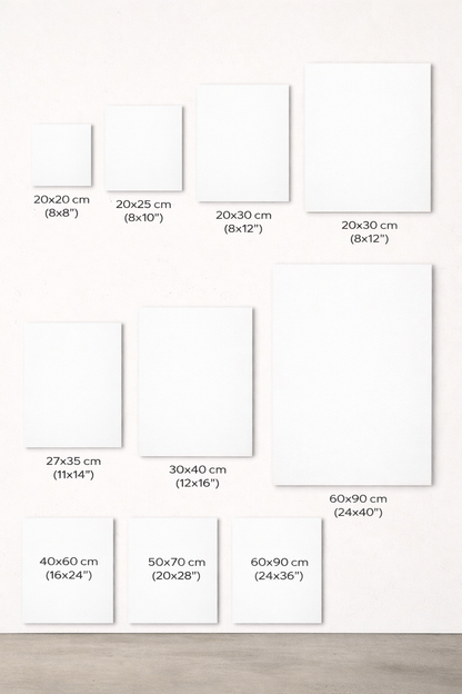 Set of white frames with dimensions labeled on a light gray background