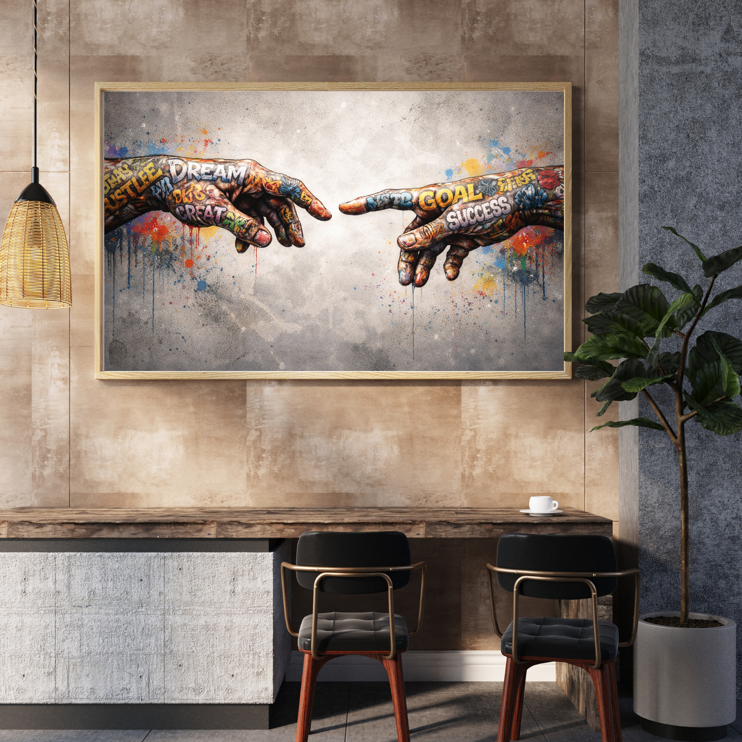 Modern interior with a motivational painting of two hands reaching towards each other on a wall.