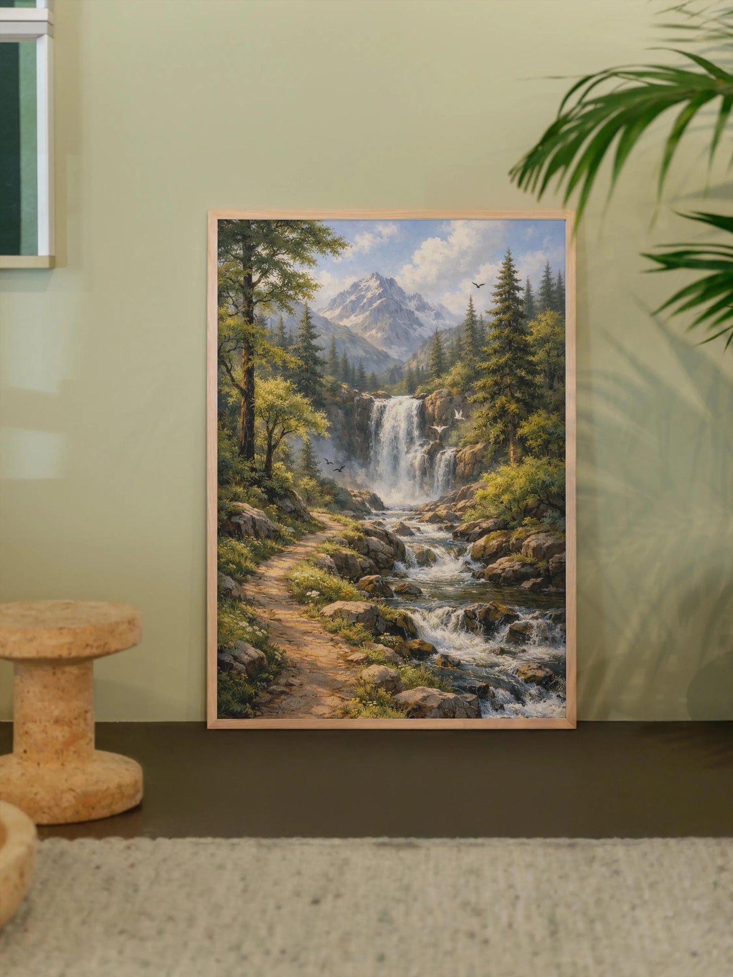 Path of Serenity – Fine Art Nature Wall Art with Waterfall, Mountain Stream & Birds