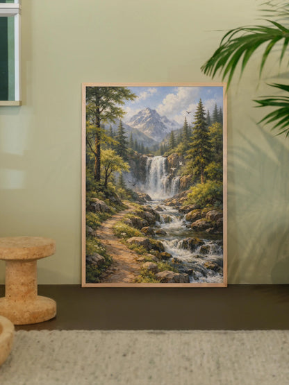 Path of Serenity – Fine Art Nature Wall Art with Waterfall, Mountain Stream & Birds