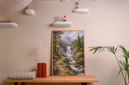 Path of Serenity – Fine Art Nature Wall Art with Waterfall, Mountain Stream & Birds