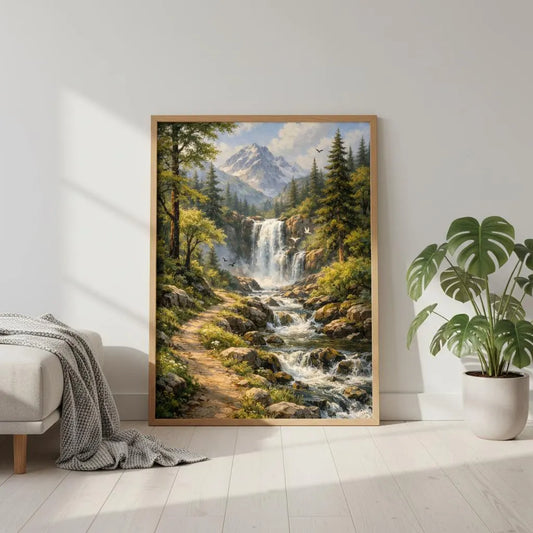 Path of Serenity – Fine Art Nature Wall Art with Waterfall, Mountain Stream & Birds